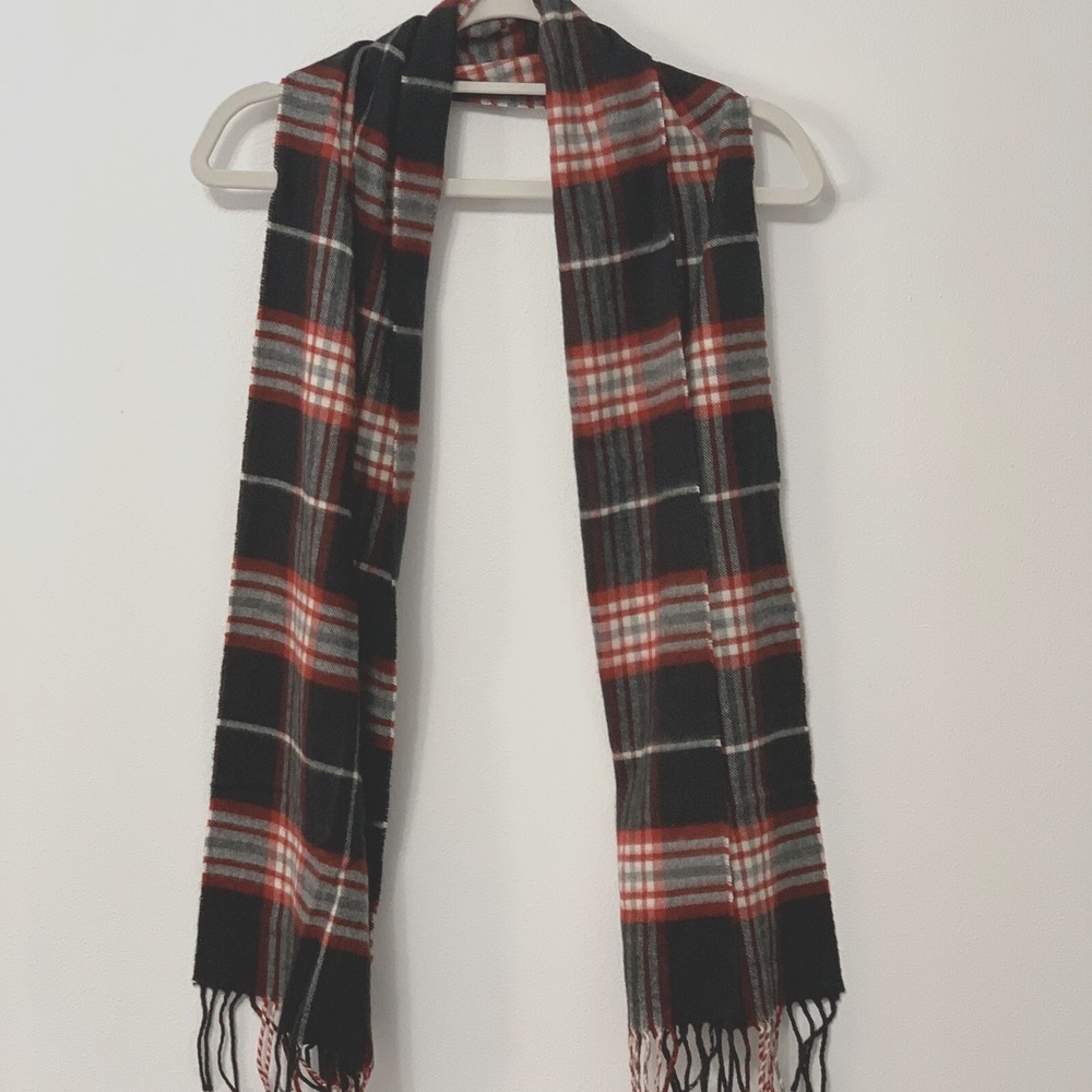 Cashmink Scarf Red White Black Plaid Fringe Hem Neck Warmer Made in Germany 70"